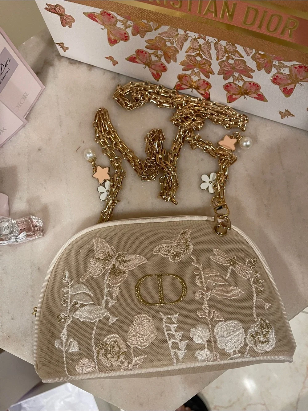 Dior Cream Embroidered Cosmetics Bag with Gold CD Charm and Floral Accents